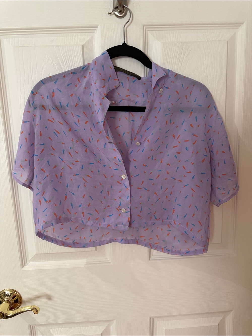 Sheer Lavender Button-Up Crop Top with Confetti Print